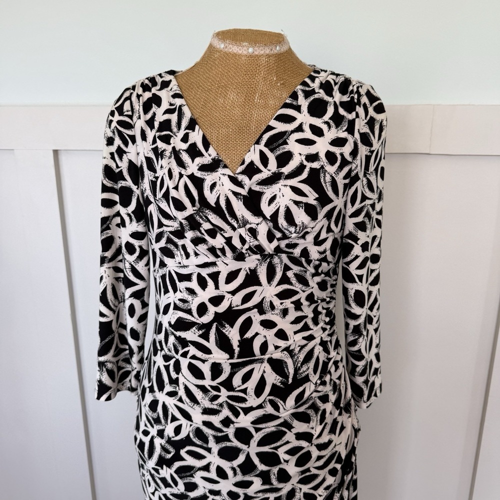 Ralph Lauren Dress Size 6‎ Black White 3/4 Sleeve V-Neck Ruched Faux Wrap Sheath - Picture 3 of 9